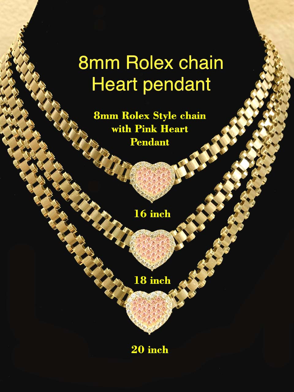 10K Rolex Style chain 8mm with Heart 